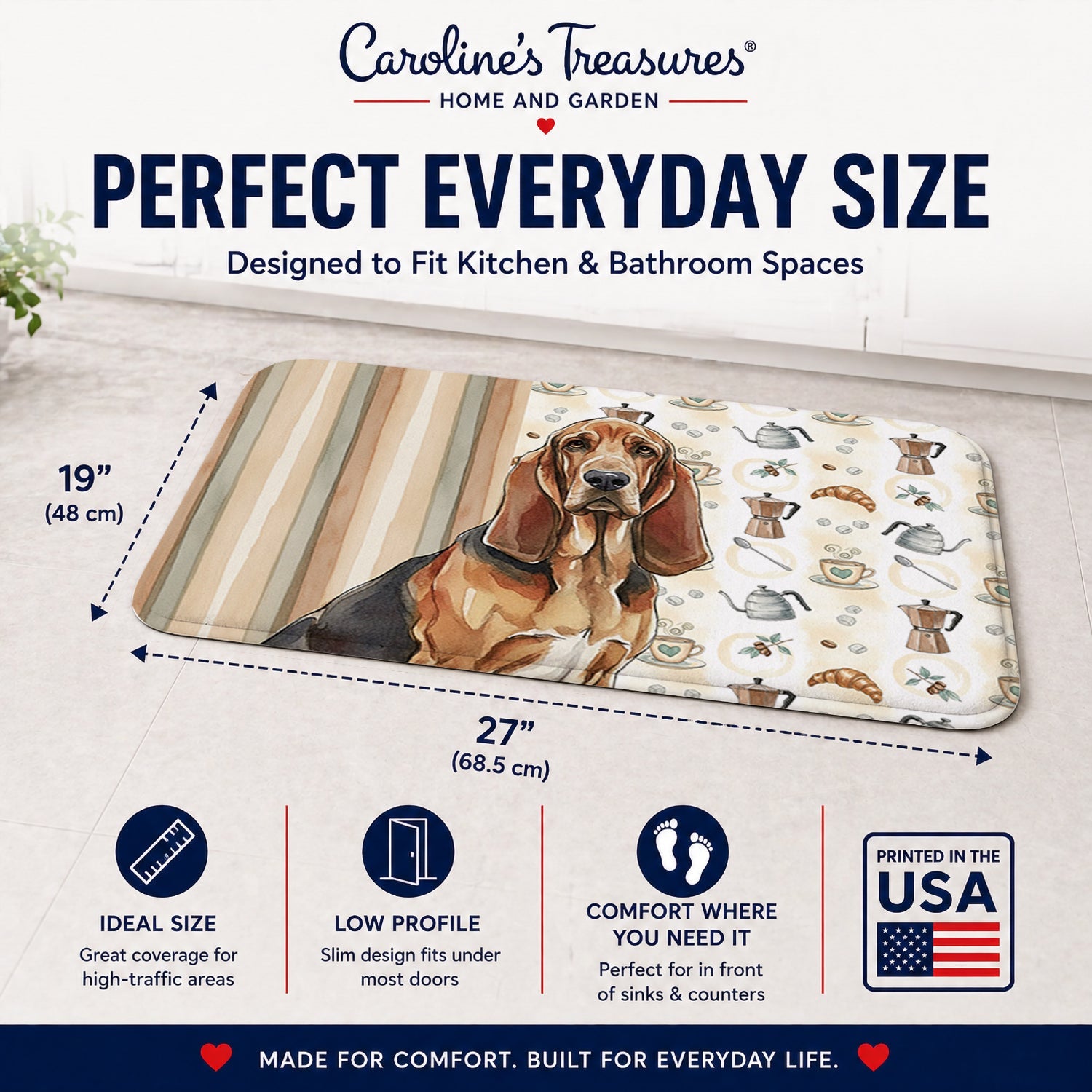 Liver and Tan Bloodhound Coffee Bar Memory Foam Kitchen Mat Machine Washable Anti-Fatigue Cushion Comfort Bath or Kitchen Rug