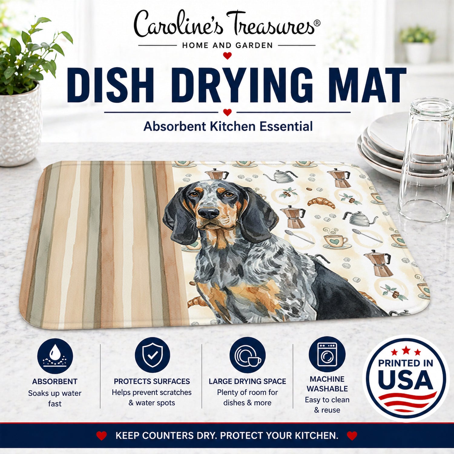 Bluetick Coonhound Coffee Bar Dish Drying Mat Absorbent Dish Drying Mat Pad for Kitchen Counter Dish Drainer Mat for Countertop, 14 x 21", Multicolor
