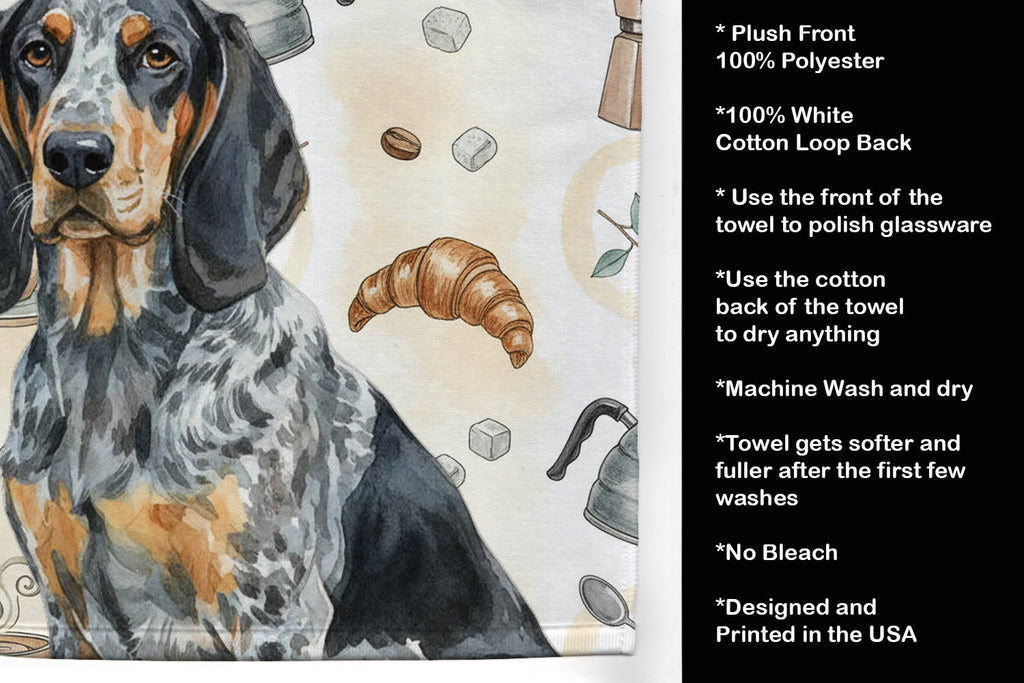 Bluetick Coonhound Coffee Bar Kitchen Towel Velour Plush Front and Cotton Loop Back Machine Washable