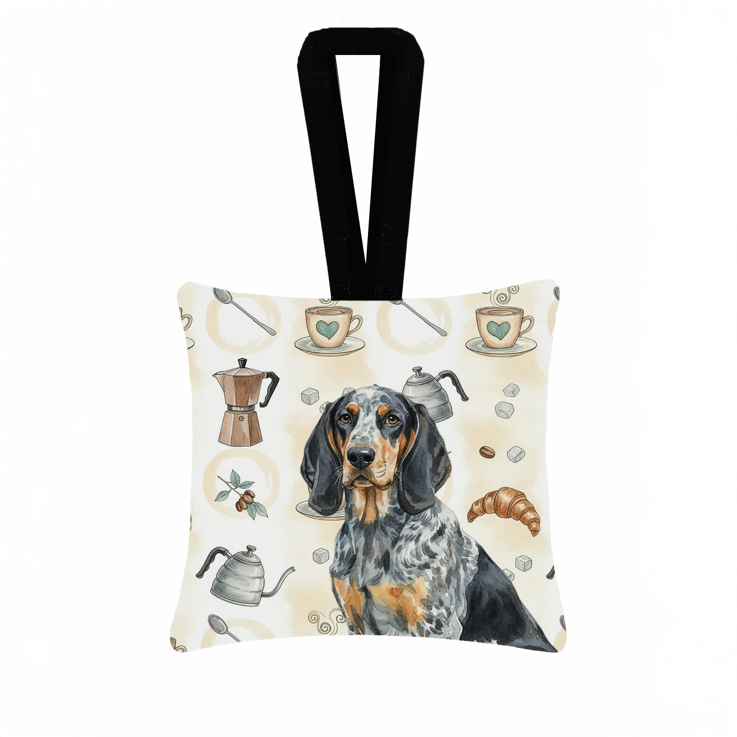 Bluetick Coonhound Coffee Bar Hanging Square Fabric Ornament 3.5 � 3.5 Decorative Door-Knob & Tree Hanger, Soft Fabric