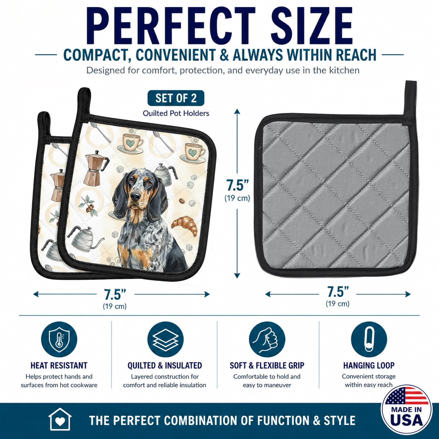 Bluetick Coonhound Coffee Bar Pot Holder Set of 2 Heat Resistant Quilted Hot Pads 7.5 x 7.5 Inch, Insulated Kitchen Trivets for Cooking & Baking