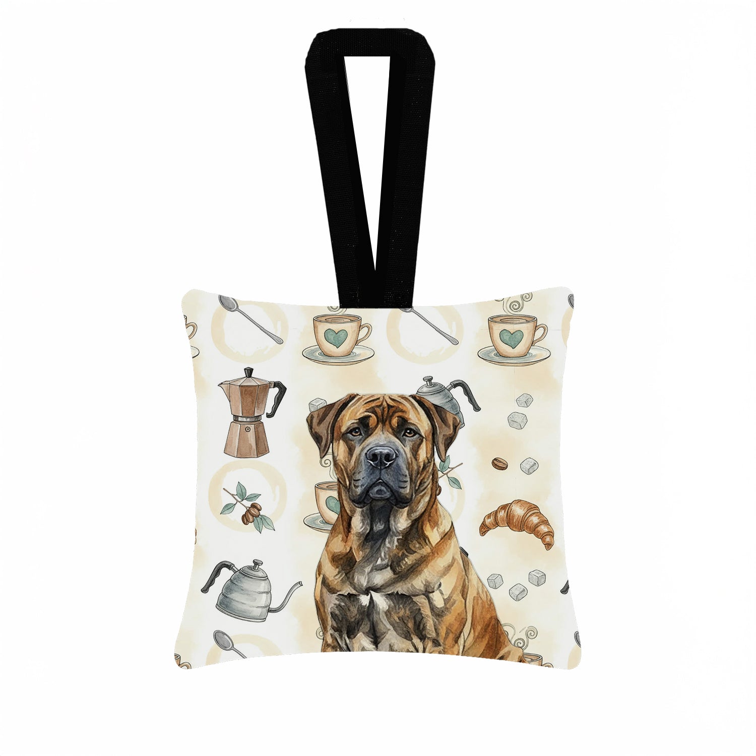 Brindle Boerboel Coffee Bar Hanging Square Fabric Ornament 3.5 � 3.5 Decorative Door-Knob & Tree Hanger, Soft Fabric