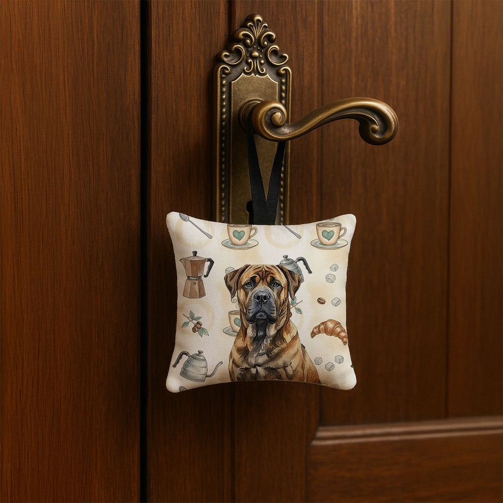 Brindle Boerboel Coffee Bar Hanging Square Fabric Ornament 3.5 � 3.5 Decorative Door-Knob & Tree Hanger, Soft Fabric