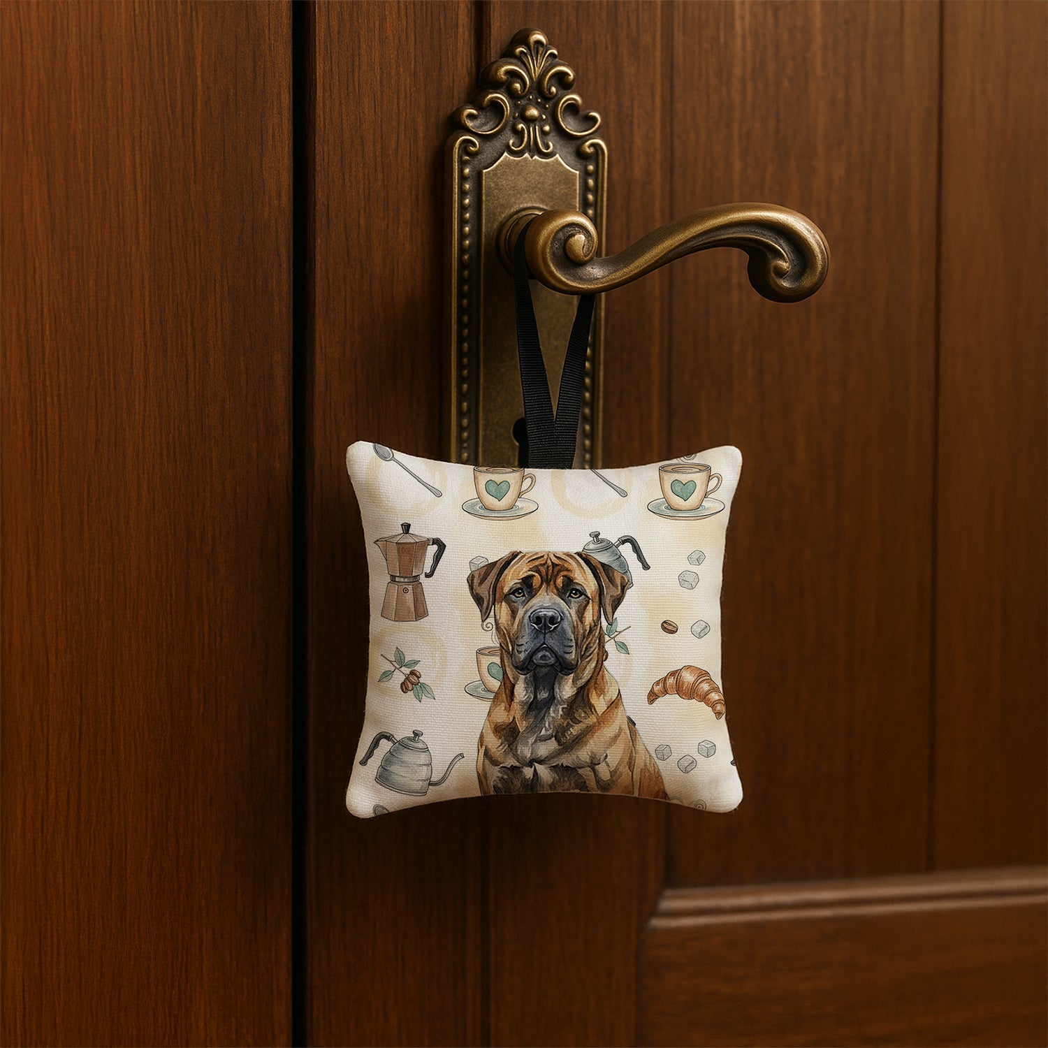 Brindle Boerboel Coffee Bar Hanging Square Fabric Ornament 3.5 � 3.5 Decorative Door-Knob & Tree Hanger, Soft Fabric