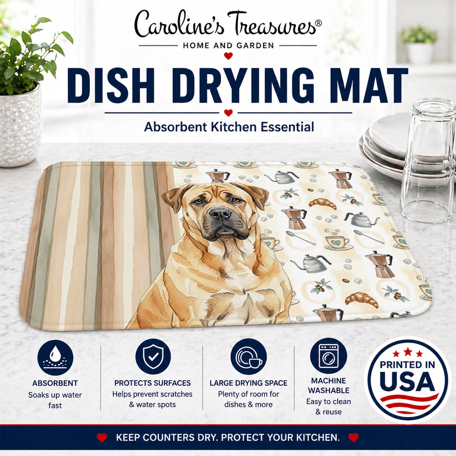 Fawn Boerboel Coffee Bar Dish Drying Mat Absorbent Dish Drying Mat Pad for Kitchen Counter Dish Drainer Mat for Countertop, 14 x 21", Multicolor