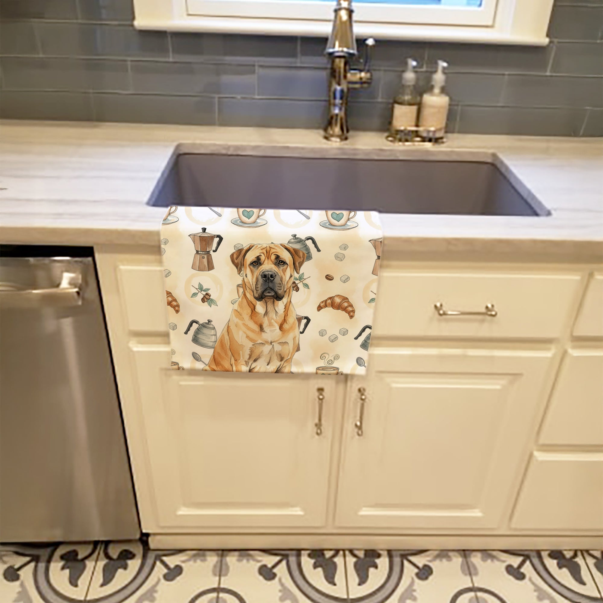 Fawn Boerboel Coffee Bar Kitchen Towel Velour Plush Front and Cotton Loop Back Machine Washable