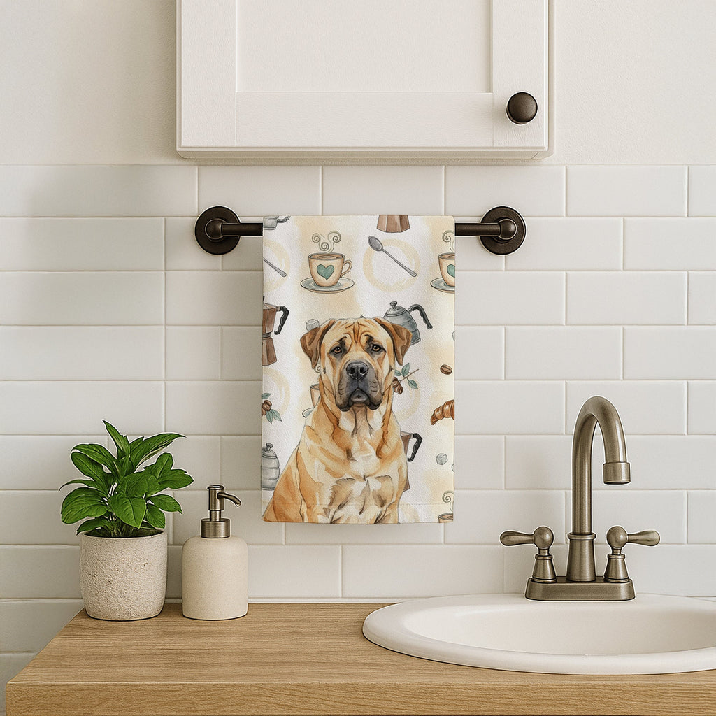 Fawn Boerboel Coffee Bar Kitchen Towel Velour Plush Front and Cotton Loop Back Machine Washable