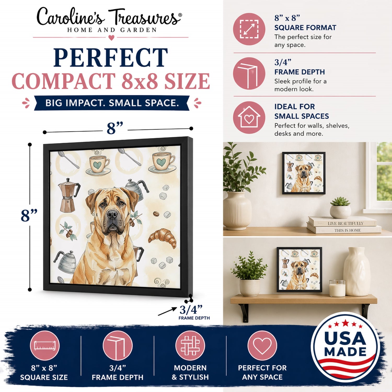 Fawn Boerboel Coffee Bar Framed Metal Print Bathroom, Kitchen, Office, Home Decor Wall Art Ready to Hang, Square, 8X8