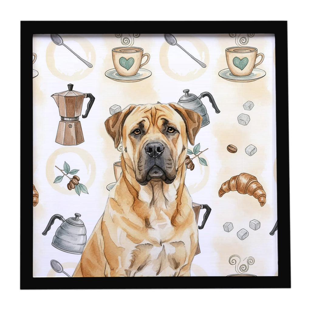 Fawn Boerboel Coffee Bar Framed Metal Print Bathroom, Kitchen, Office, Home Decor Wall Art Ready to Hang, Square, 8X8