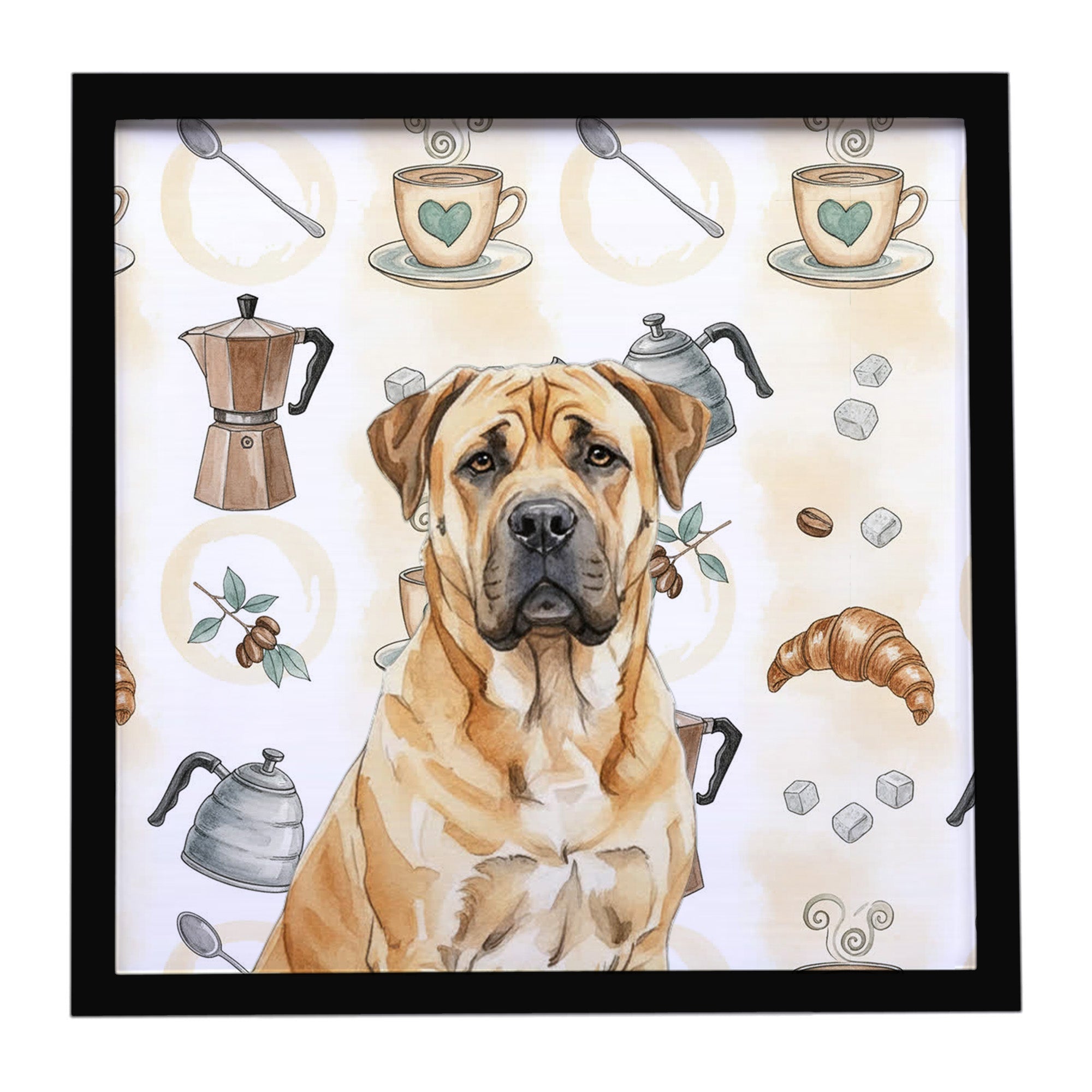 Fawn Boerboel Coffee Bar Framed Metal Print Bathroom, Kitchen, Office, Home Decor Wall Art Ready to Hang, Square, 8X8