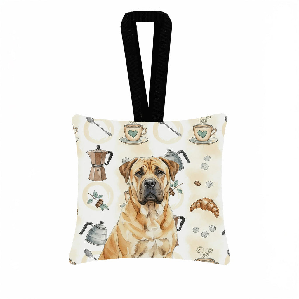Fawn Boerboel Coffee Bar Hanging Square Fabric Ornament 3.5 � 3.5 Decorative Door-Knob & Tree Hanger, Soft Fabric