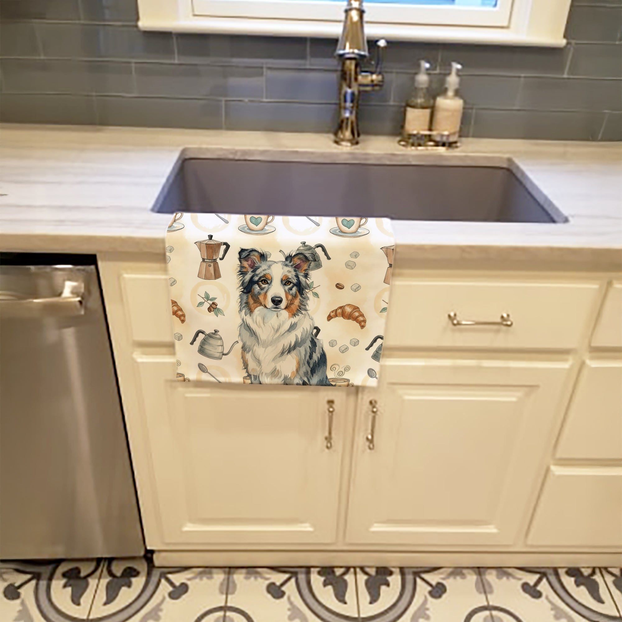 Blue Merle Border Collie Coffee Bar Kitchen Towel Velour Plush Front and Cotton Loop Back Machine Washable