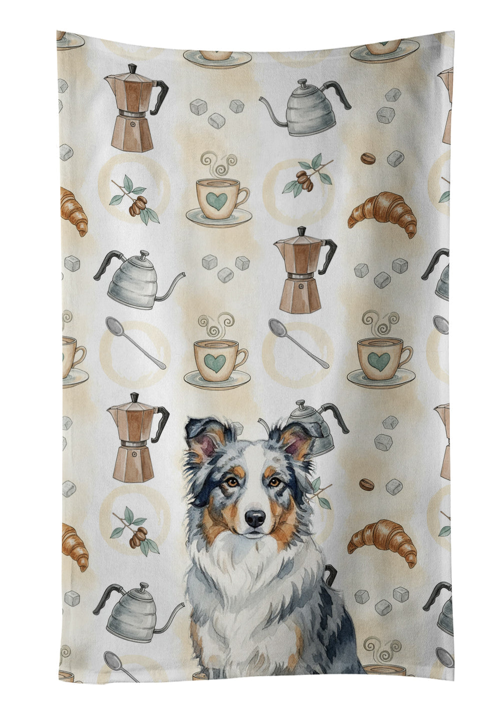 Blue Merle Border Collie Coffee Bar Kitchen Towel Velour Plush Front and Cotton Loop Back Machine Washable