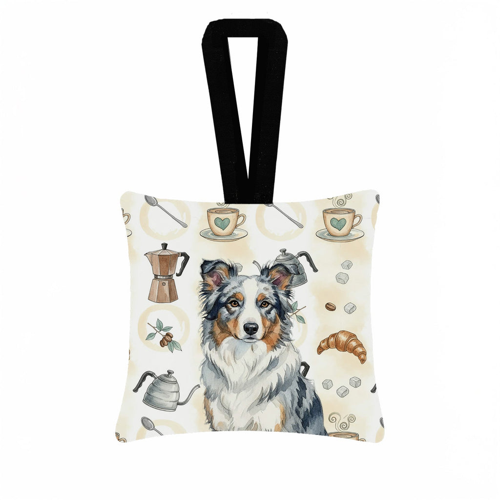 Blue Merle Border Collie Coffee Bar Hanging Square Fabric Ornament 3.5 � 3.5 Decorative Door-Knob & Tree Hanger, Soft Fabric