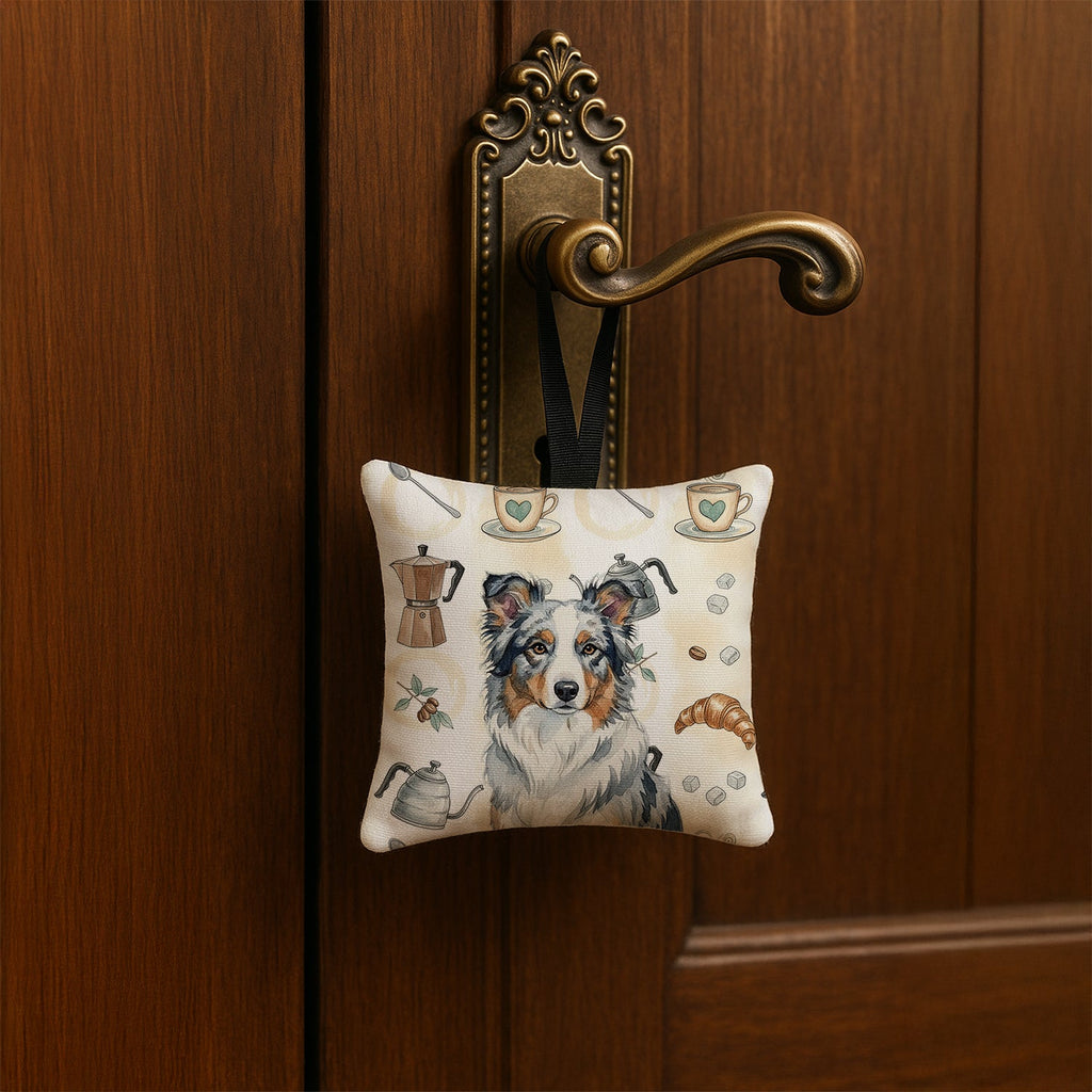 Blue Merle Border Collie Coffee Bar Hanging Square Fabric Ornament 3.5 � 3.5 Decorative Door-Knob & Tree Hanger, Soft Fabric