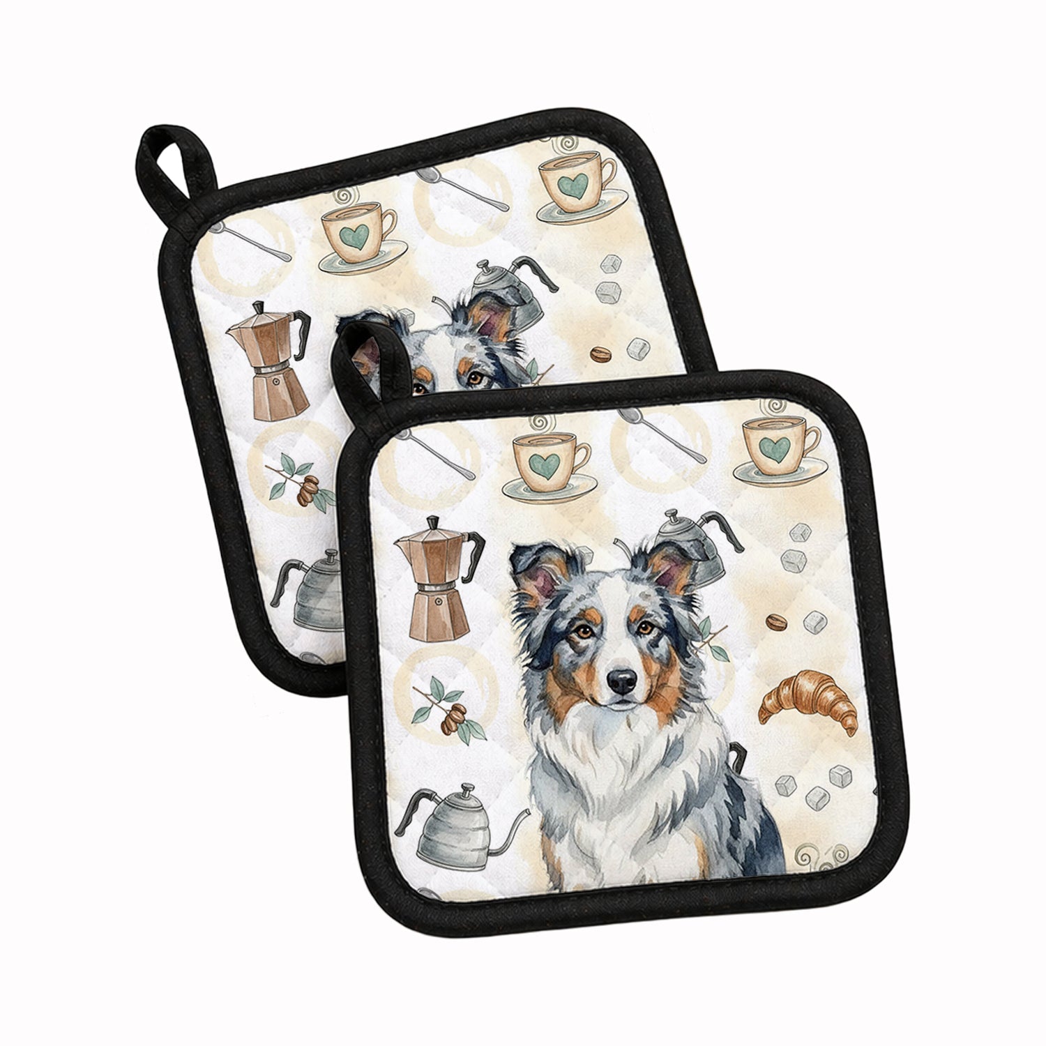 Blue Merle Border Collie Coffee Bar Pot Holder Set of 2 Heat Resistant Quilted Hot Pads 7.5 x 7.5 Inch, Insulated Kitchen Trivets for Cooking & Baking