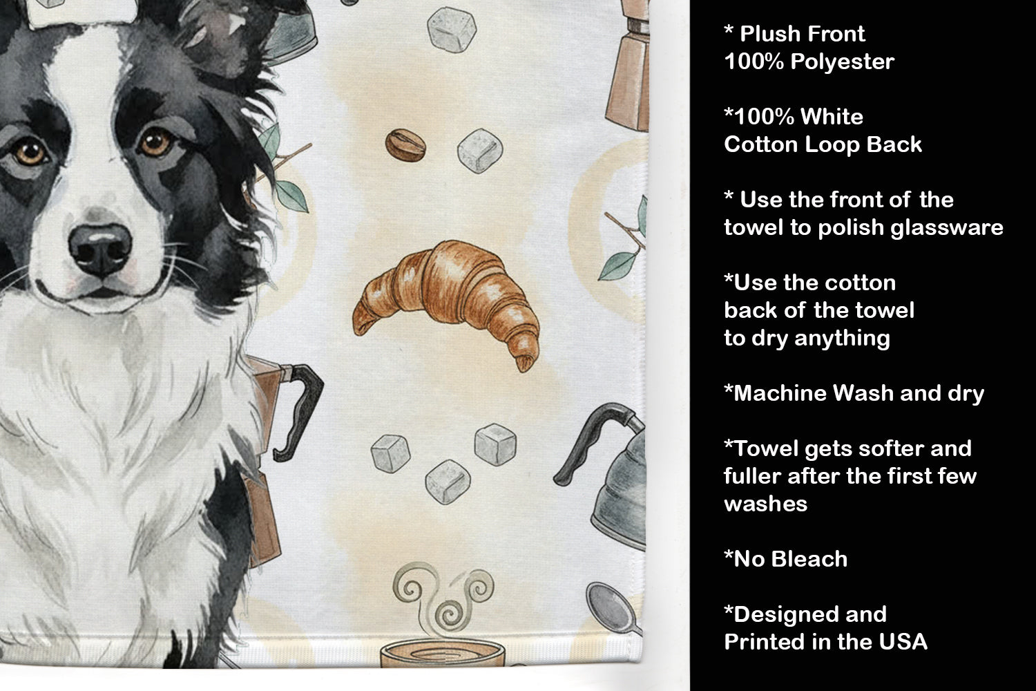 Border Collie Coffee Bar Kitchen Towel Velour Plush Front and Cotton Loop Back Machine Washable