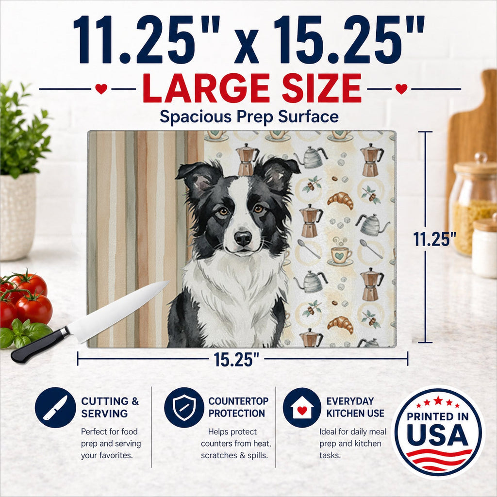 Border Collie Coffee Bar Cutting Board Tempered Glass Kitchen Cutting Surface, Heat Resistant Chopping, Non-Slip Feet, Food Prep & Serving
