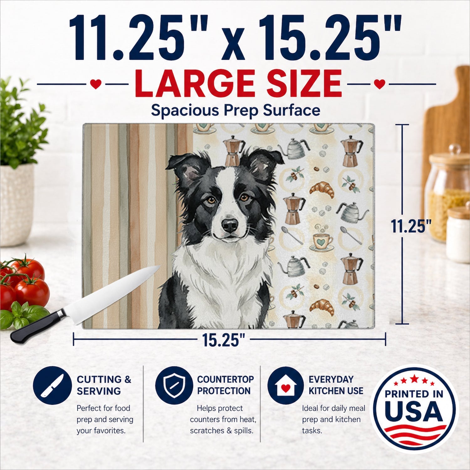 Border Collie Coffee Bar Cutting Board Tempered Glass Kitchen Cutting Surface, Heat Resistant Chopping, Non-Slip Feet, Food Prep & Serving