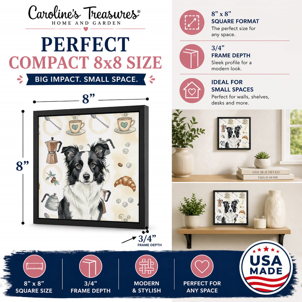 Border Collie Coffee Bar Framed Metal Print Bathroom, Kitchen, Office, Home Decor Wall Art Ready to Hang, Square, 8X8