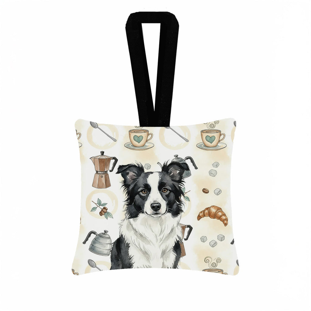 Border Collie Coffee Bar Hanging Square Fabric Ornament 3.5 � 3.5 Decorative Door-Knob & Tree Hanger, Soft Fabric