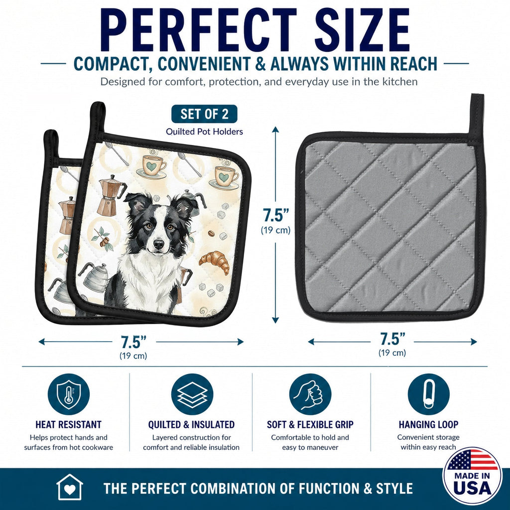 Border Collie Coffee Bar Pot Holder Set of 2 Heat Resistant Quilted Hot Pads 7.5 x 7.5 Inch, Insulated Kitchen Trivets for Cooking & Baking