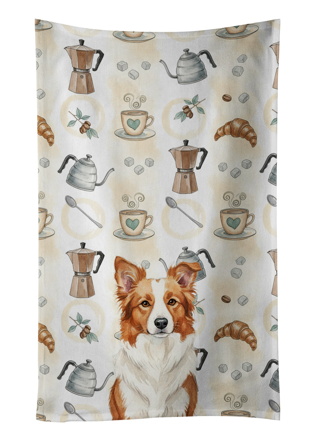 Red and White Border Collie Coffee Bar Kitchen Towel Velour Plush Front and Cotton Loop Back Machine Washable