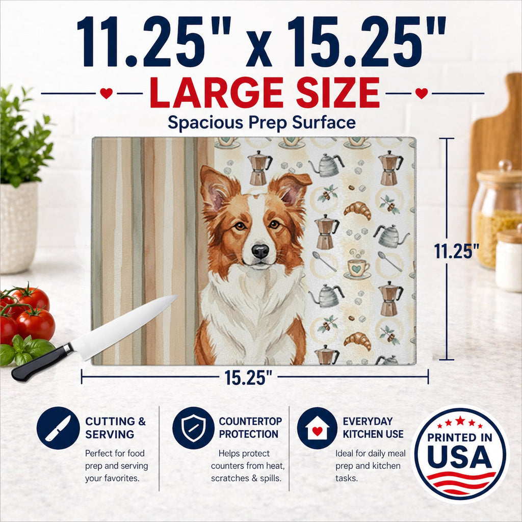 Red and White Border Collie Coffee Bar Cutting Board Tempered Glass Kitchen Cutting Surface, Heat Resistant Chopping, Non-Slip Feet, Food Prep & Serving
