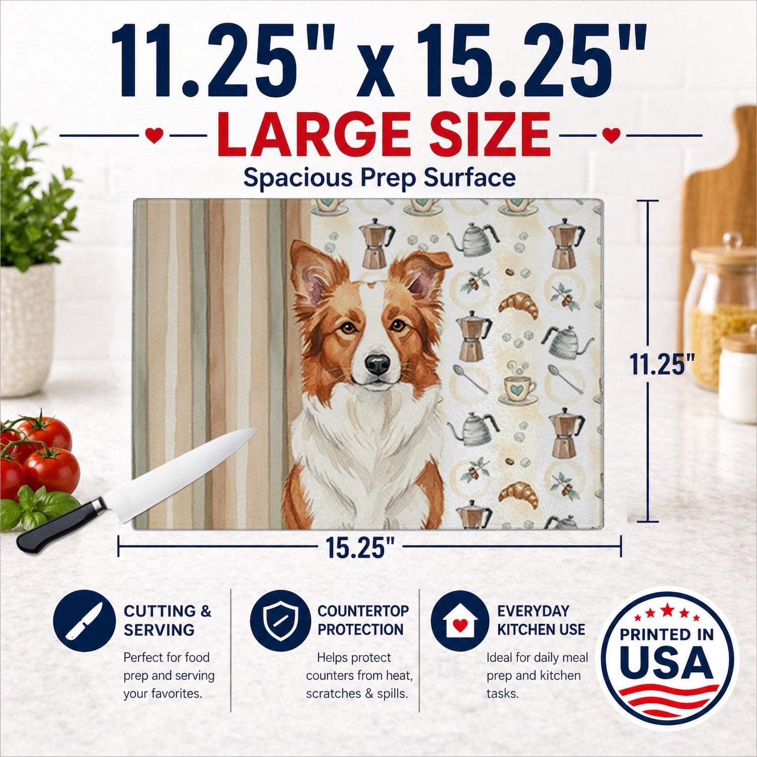 Red and White Border Collie Coffee Bar Cutting Board Tempered Glass Kitchen Cutting Surface, Heat Resistant Chopping, Non-Slip Feet, Food Prep & Serving