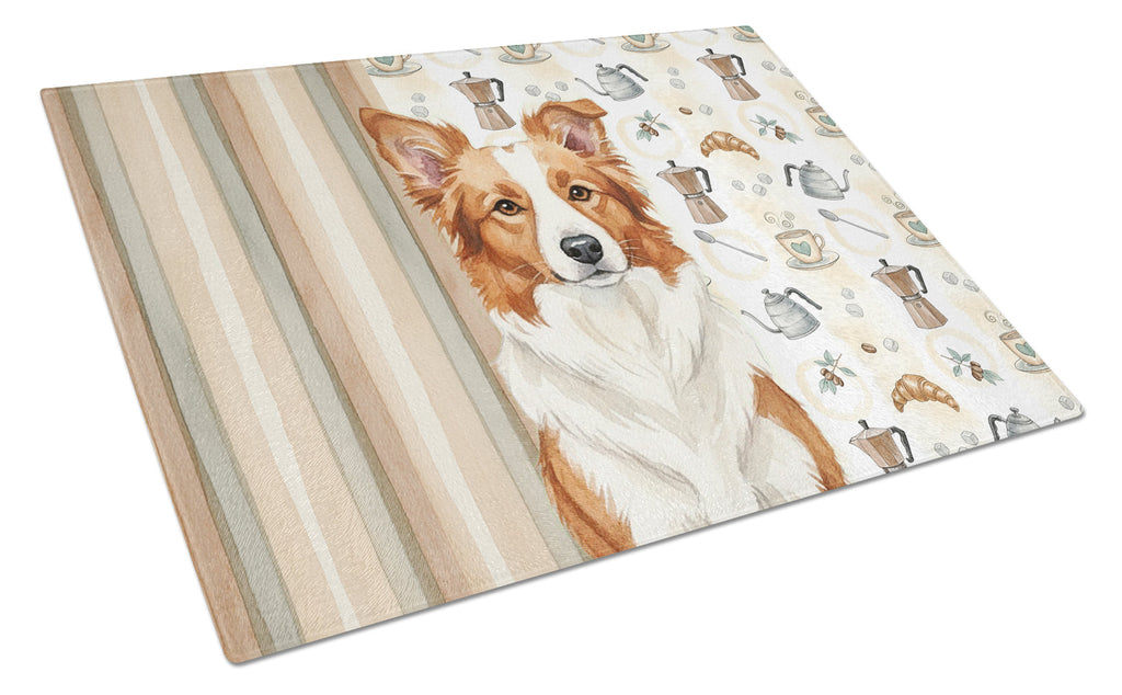 Red and White Border Collie Coffee Bar Cutting Board Tempered Glass Kitchen Cutting Surface, Heat Resistant Chopping, Non-Slip Feet, Food Prep & Serving