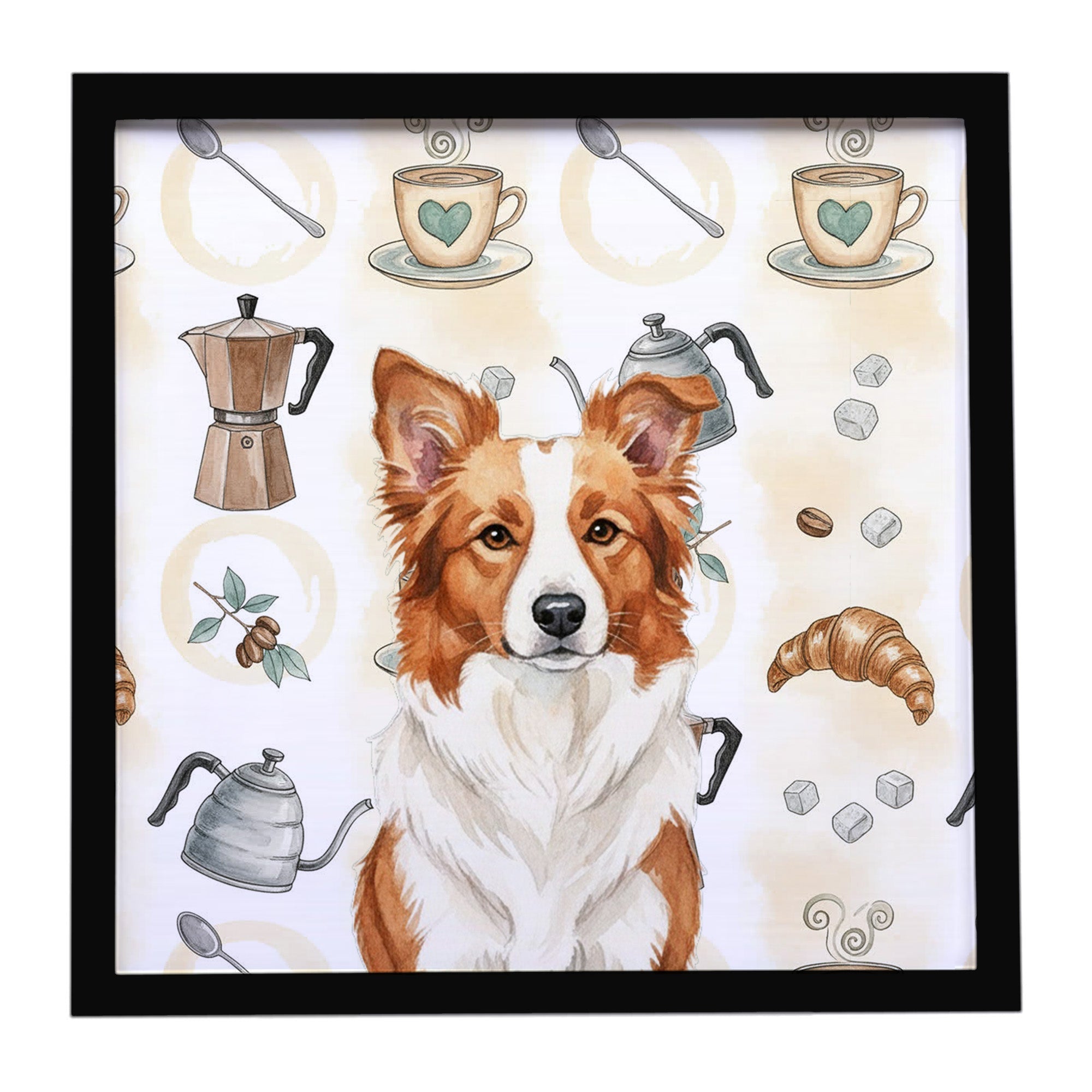Red and White Border Collie Coffee Bar Framed Metal Print Bathroom, Kitchen, Office, Home Decor Wall Art Ready to Hang, Square, 8X8