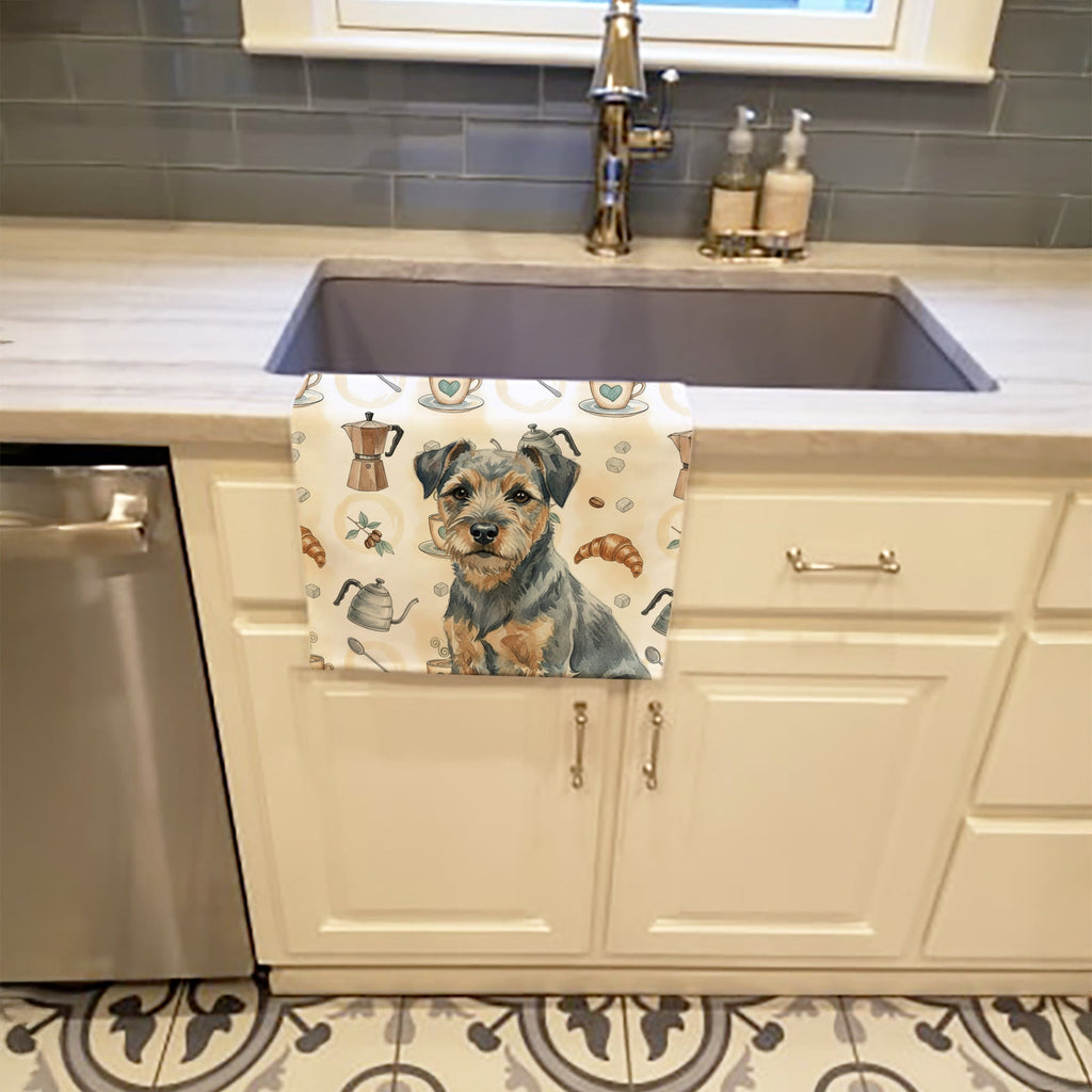 Blue and Tan Border Terrier Coffee Bar Kitchen Towel Velour Plush Front and Cotton Loop Back Machine Washable