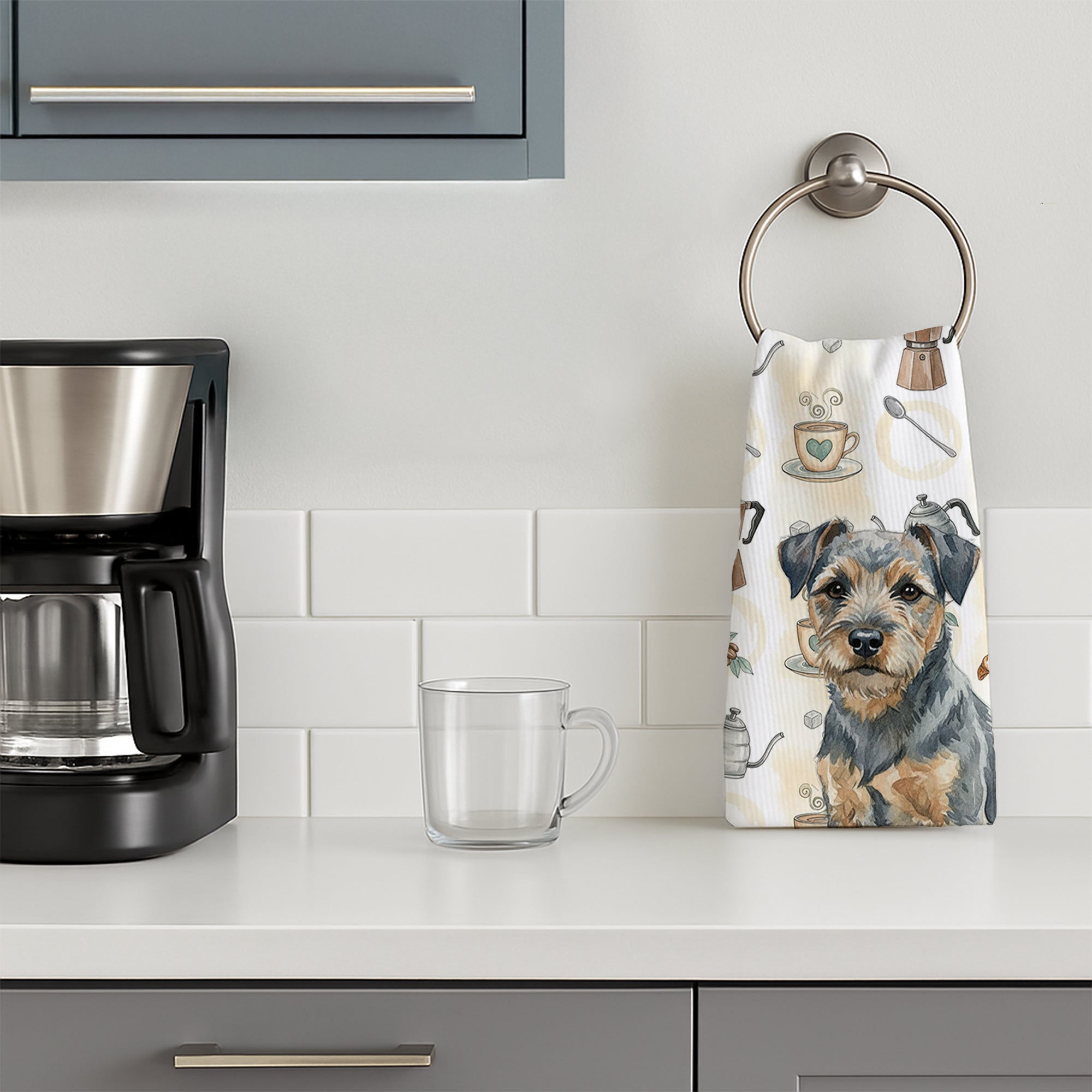 Blue and Tan Border Terrier Coffee Bar Kitchen Towel Velour Plush Front and Cotton Loop Back Machine Washable