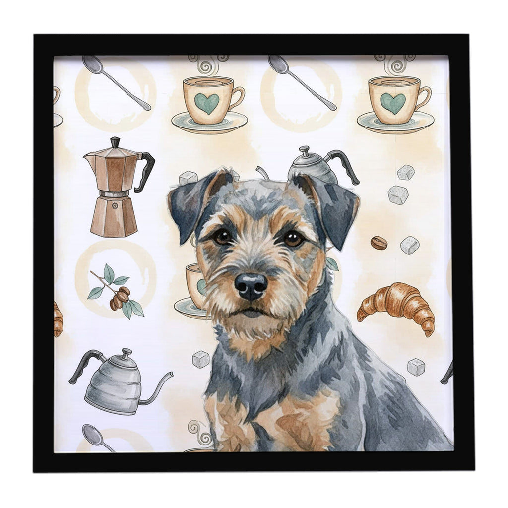 Blue and Tan Border Terrier Coffee Bar Framed Metal Print Bathroom, Kitchen, Office, Home Decor Wall Art Ready to Hang, Square, 8X8