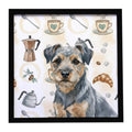Blue and Tan Border Terrier Coffee Bar Framed Metal Print Bathroom, Kitchen, Office, Home Decor Wall Art Ready to Hang, Square, 8X8