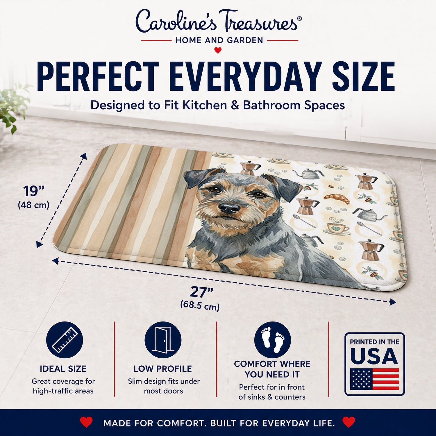 Blue and Tan Border Terrier Coffee Bar Memory Foam Kitchen Mat Machine Washable Anti-Fatigue Cushion Comfort Bath or Kitchen Rug