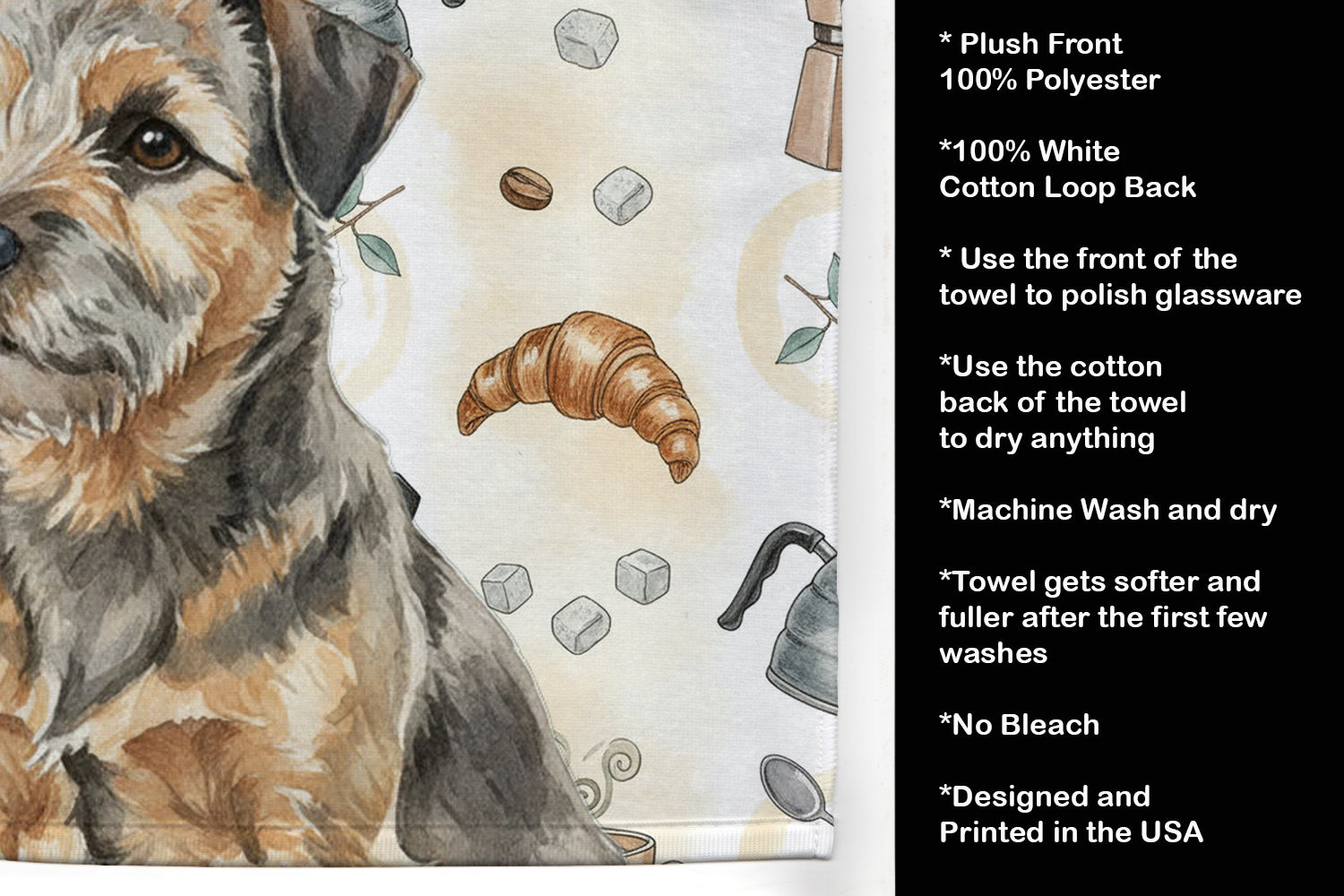 Grizzle and Tan Border Terrier Coffee Bar Kitchen Towel Velour Plush Front and Cotton Loop Back Machine Washable
