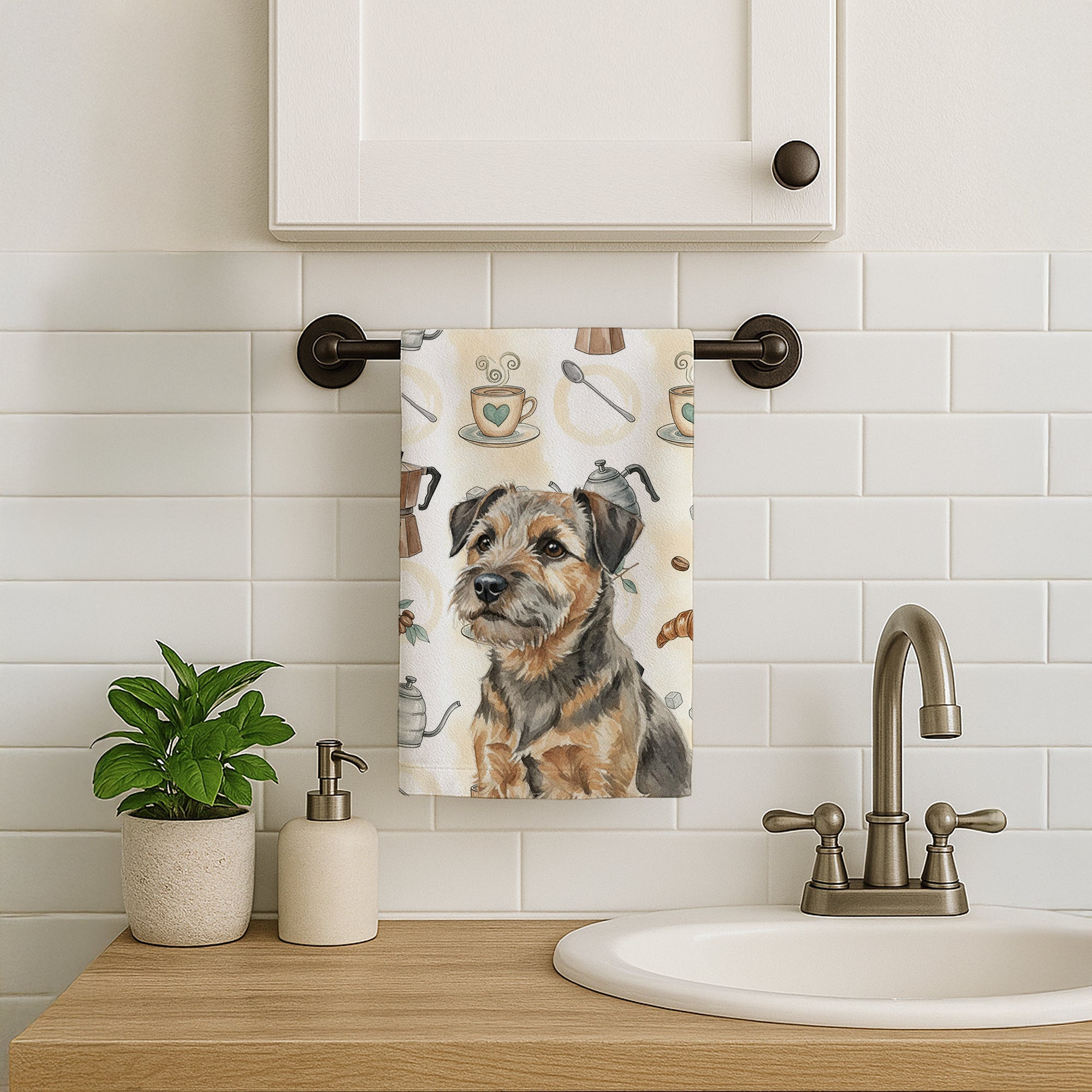 Grizzle and Tan Border Terrier Coffee Bar Kitchen Towel Velour Plush Front and Cotton Loop Back Machine Washable
