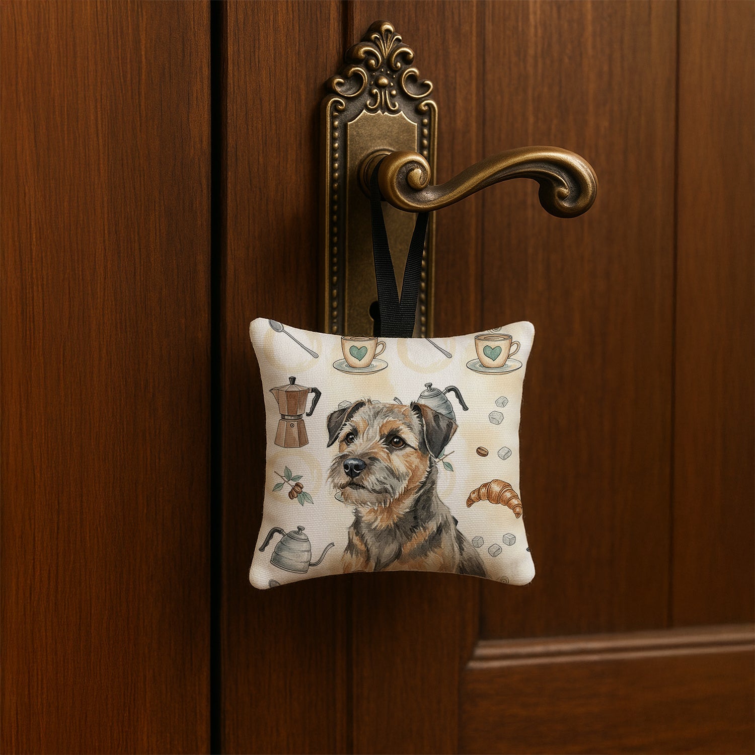 Grizzle and Tan Border Terrier Coffee Bar Hanging Square Fabric Ornament 3.5 � 3.5 Decorative Door-Knob & Tree Hanger, Soft Fabric