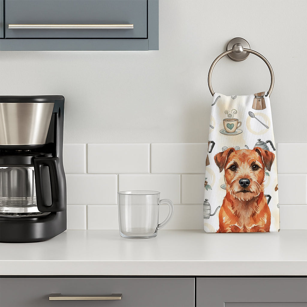 Red Border Terrier Coffee Bar Kitchen Towel Velour Plush Front and Cotton Loop Back Machine Washable