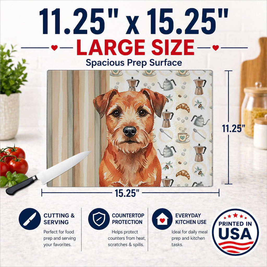 Red Border Terrier Coffee Bar Cutting Board Tempered Glass Kitchen Cutting Surface, Heat Resistant Chopping, Non-Slip Feet, Food Prep & Serving