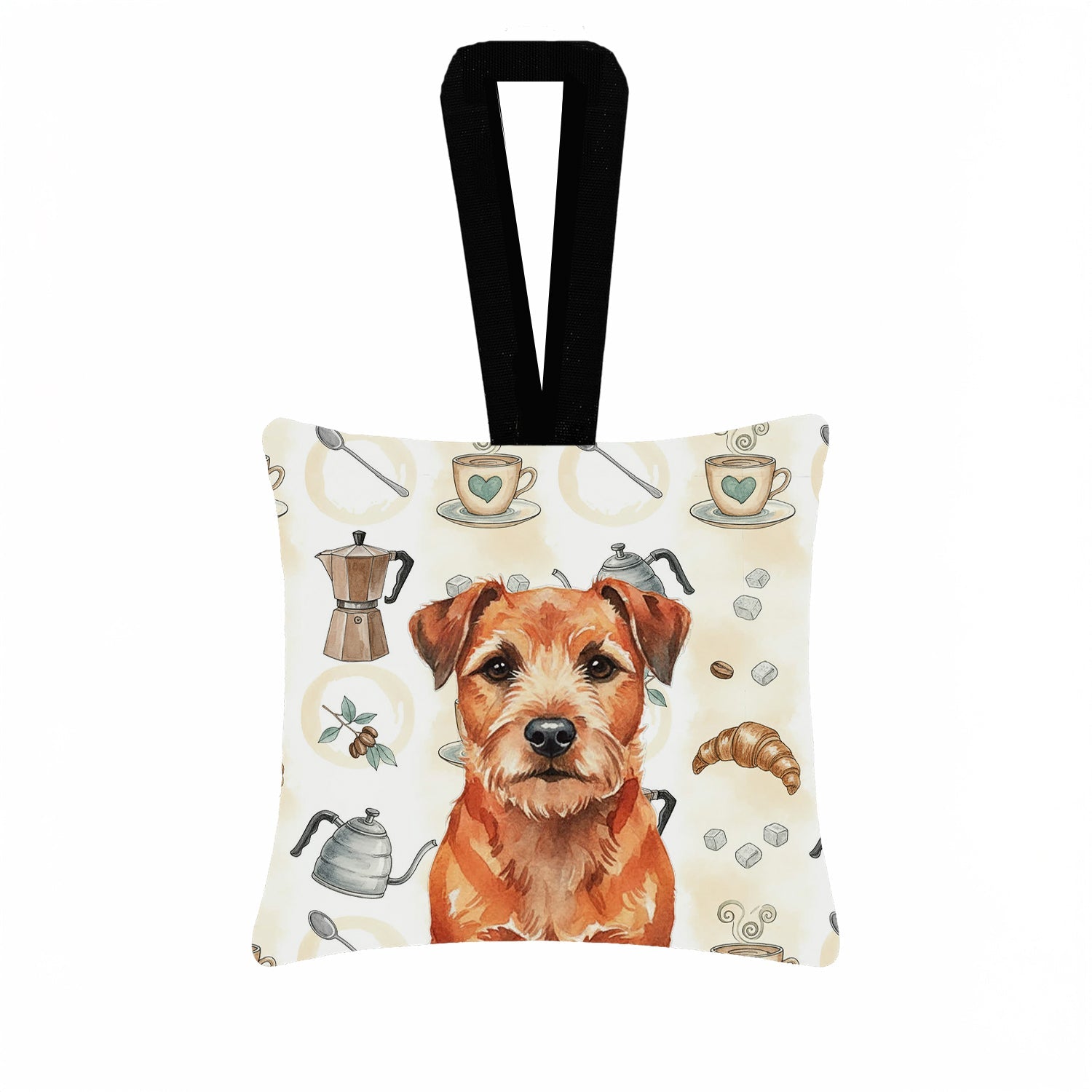 Red Border Terrier Coffee Bar Hanging Square Fabric Ornament 3.5 � 3.5 Decorative Door-Knob & Tree Hanger, Soft Fabric