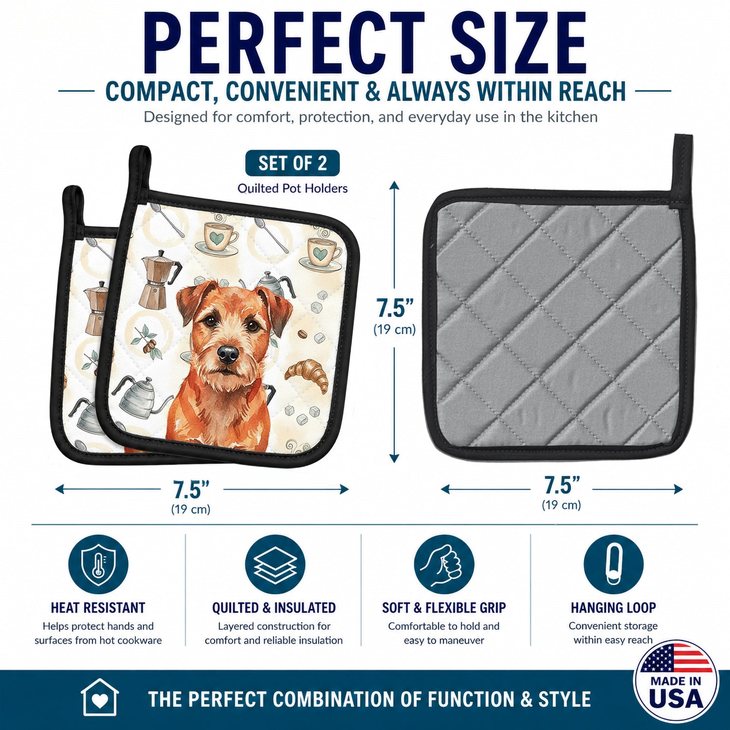 Red Border Terrier Coffee Bar Pot Holder Set of 2 Heat Resistant Quilted Hot Pads 7.5 x 7.5 Inch, Insulated Kitchen Trivets for Cooking & Baking