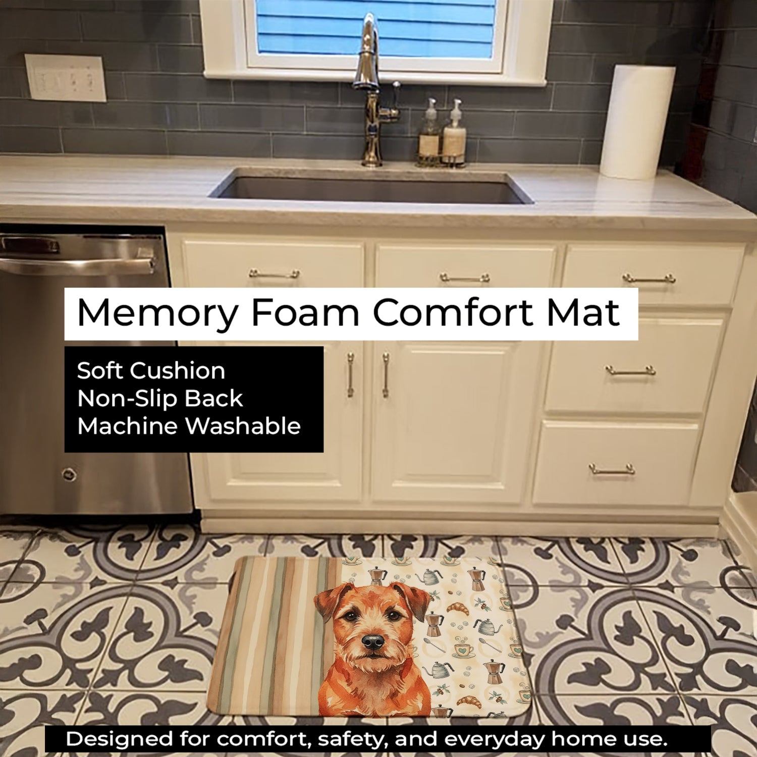 Red Border Terrier Coffee Bar Memory Foam Kitchen Mat Machine Washable Anti-Fatigue Cushion Comfort Bath or Kitchen Rug