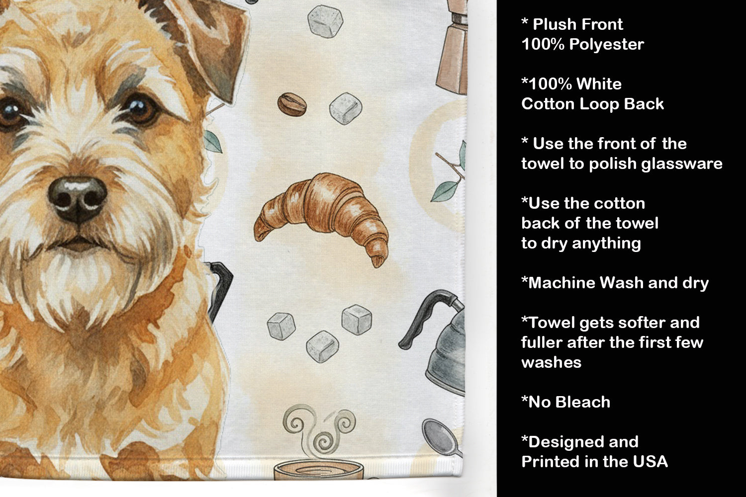 Wheaten Border Terrier Coffee Bar Kitchen Towel Velour Plush Front and Cotton Loop Back Machine Washable