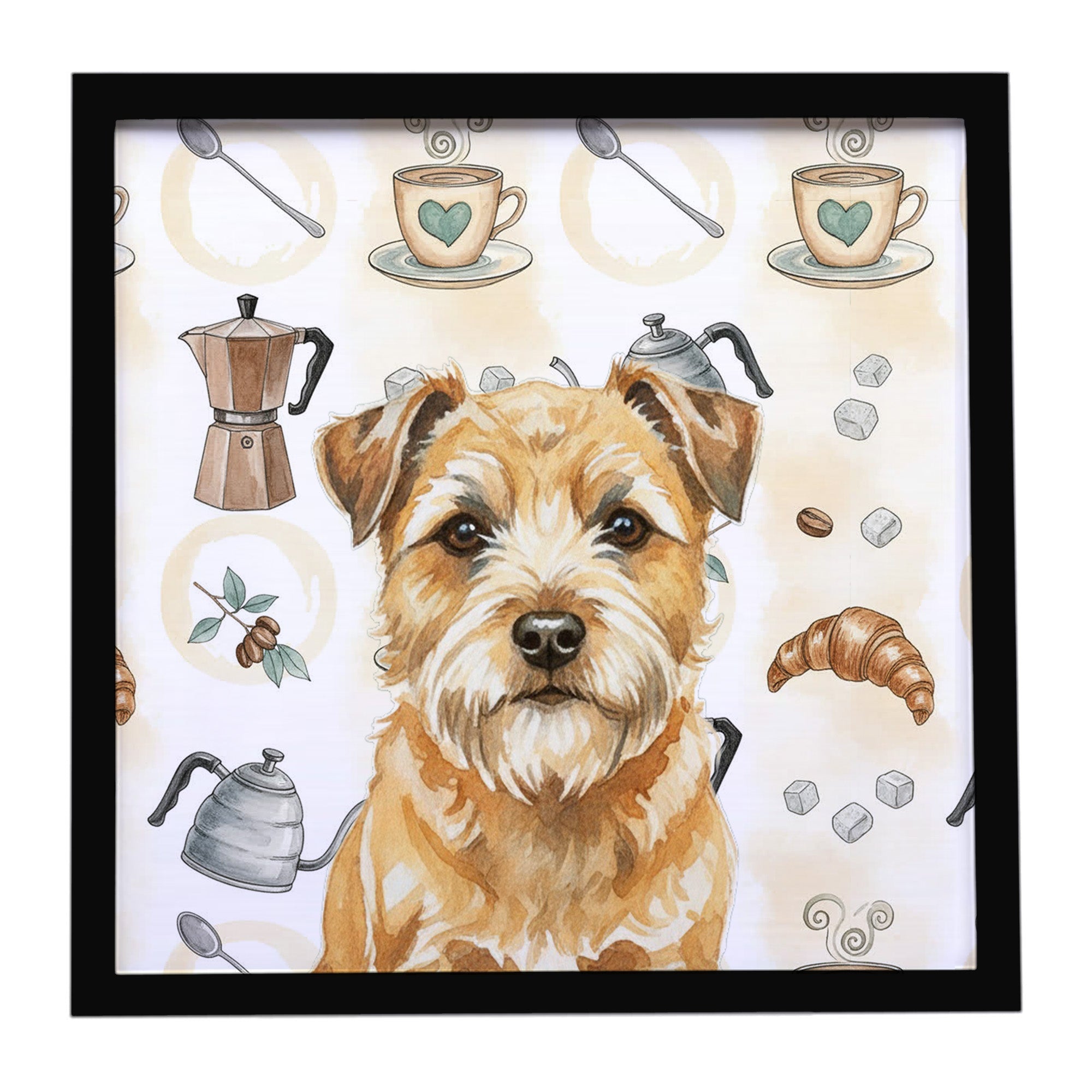 Wheaten Border Terrier Coffee Bar Framed Metal Print Bathroom, Kitchen, Office, Home Decor Wall Art Ready to Hang, Square, 8X8