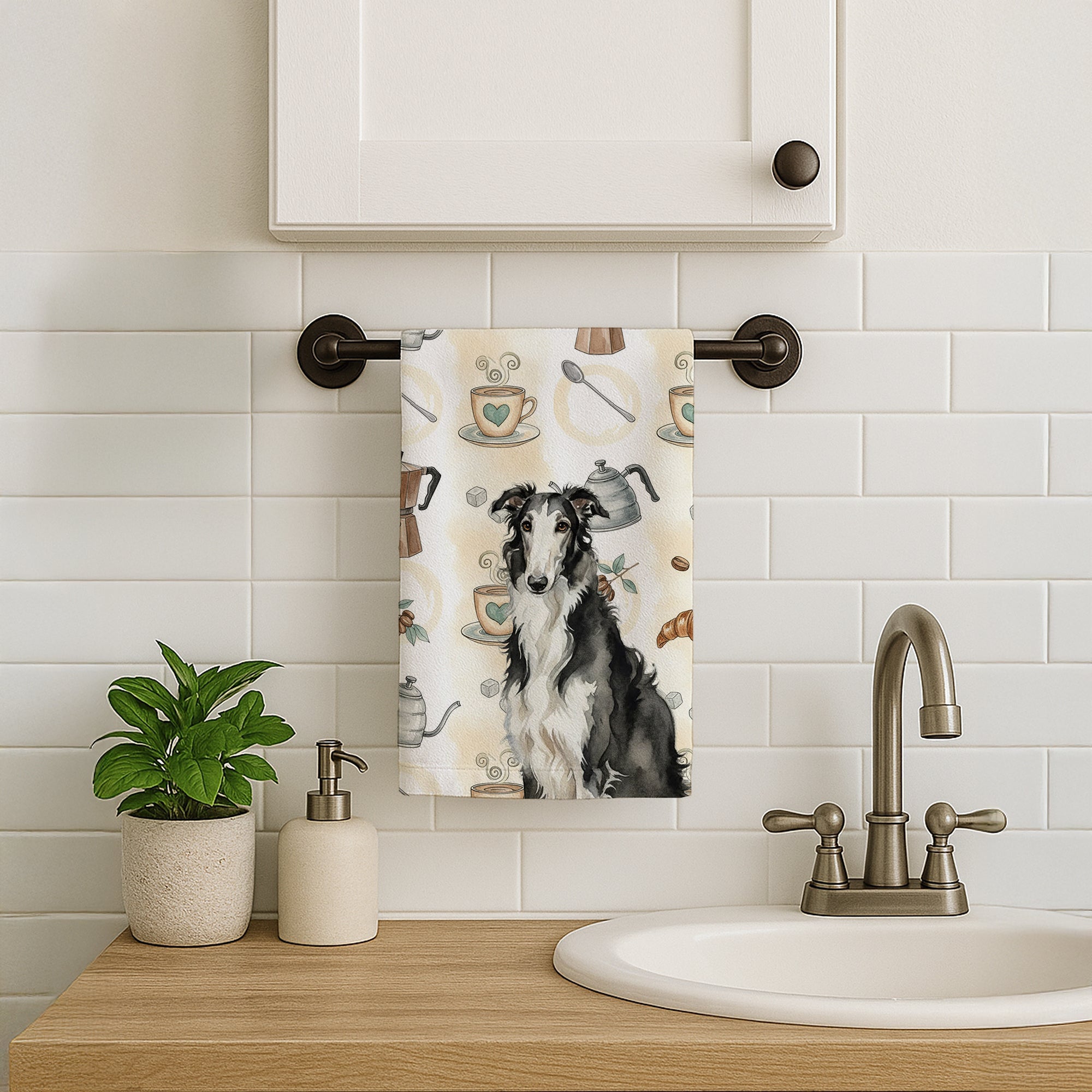 Black and White Borzoi Coffee Bar Kitchen Towel Velour Plush Front and Cotton Loop Back Machine Washable