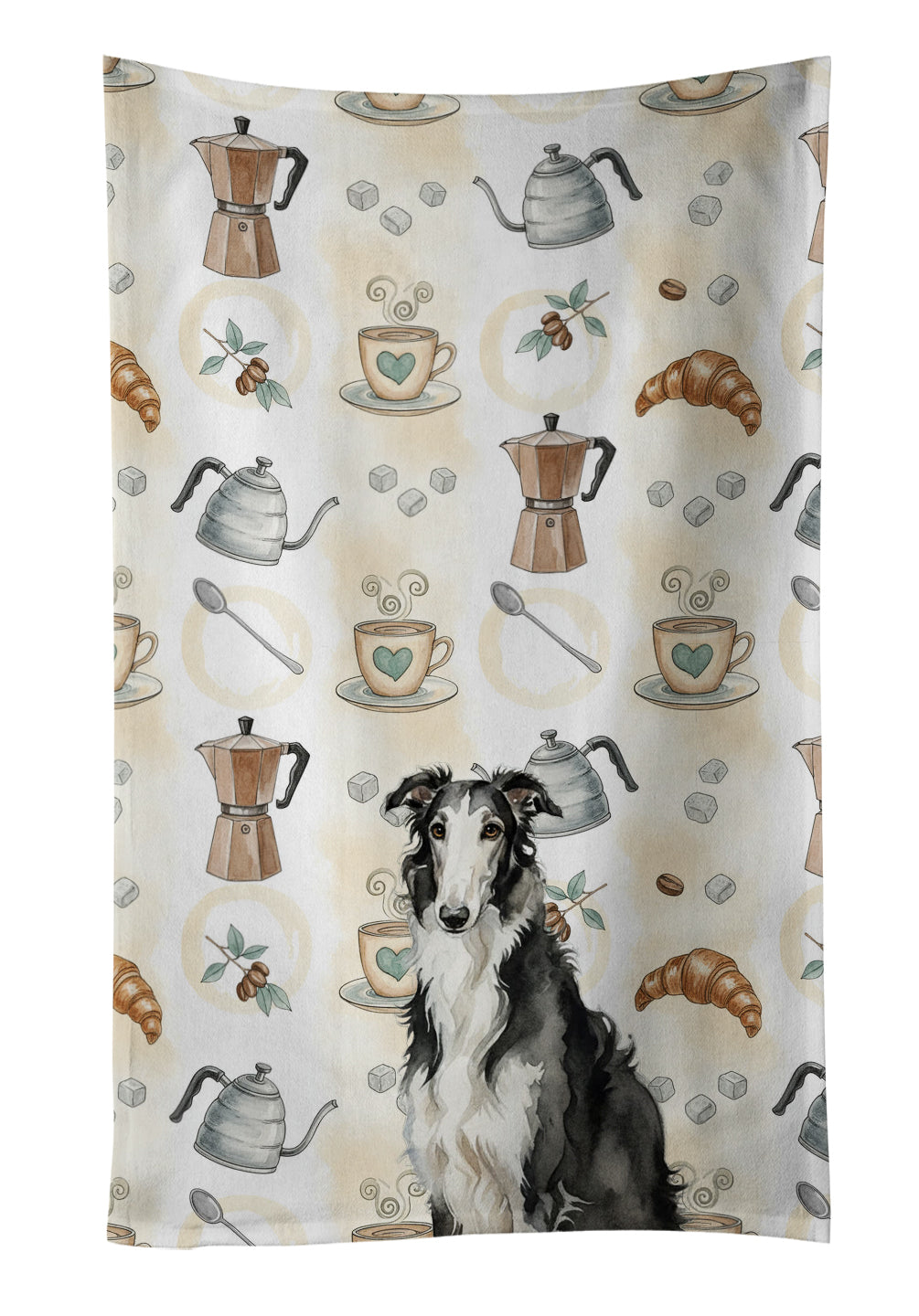 Black and White Borzoi Coffee Bar Kitchen Towel Velour Plush Front and Cotton Loop Back Machine Washable