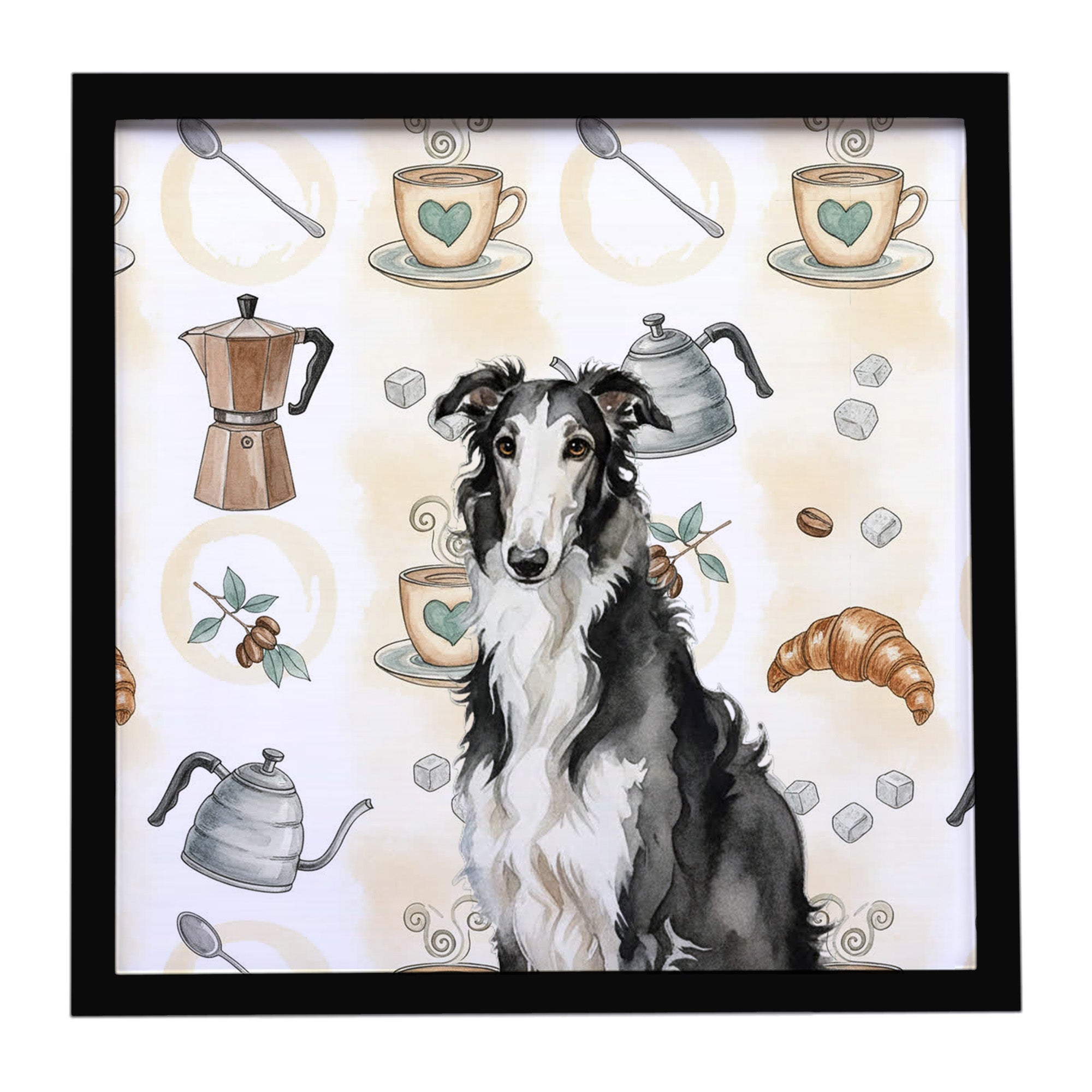 Black and White Borzoi Coffee Bar Framed Metal Print Bathroom, Kitchen, Office, Home Decor Wall Art Ready to Hang, Square, 8X8