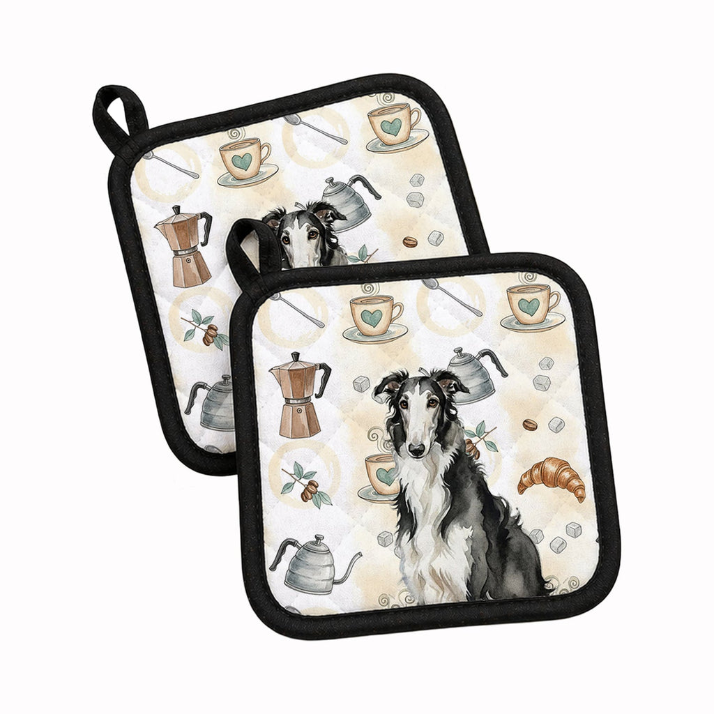 Black and White Borzoi Coffee Bar Pot Holder Set of 2 Heat Resistant Quilted Hot Pads 7.5 x 7.5 Inch, Insulated Kitchen Trivets for Cooking & Baking